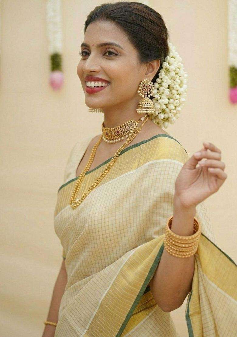 Cream Woven Design Tissue Saree Set for Diwali and Festive Wear - Indya