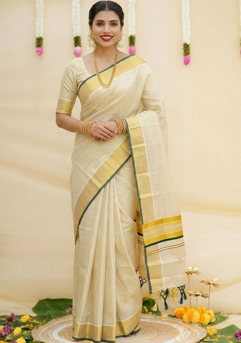 Cream Woven Design Tissue Saree Set - Indya