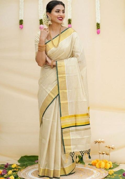 Cream Woven Design Tissue Saree Set