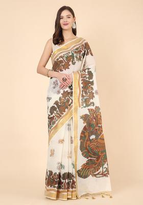 Off White Printed Cotton Saree Set