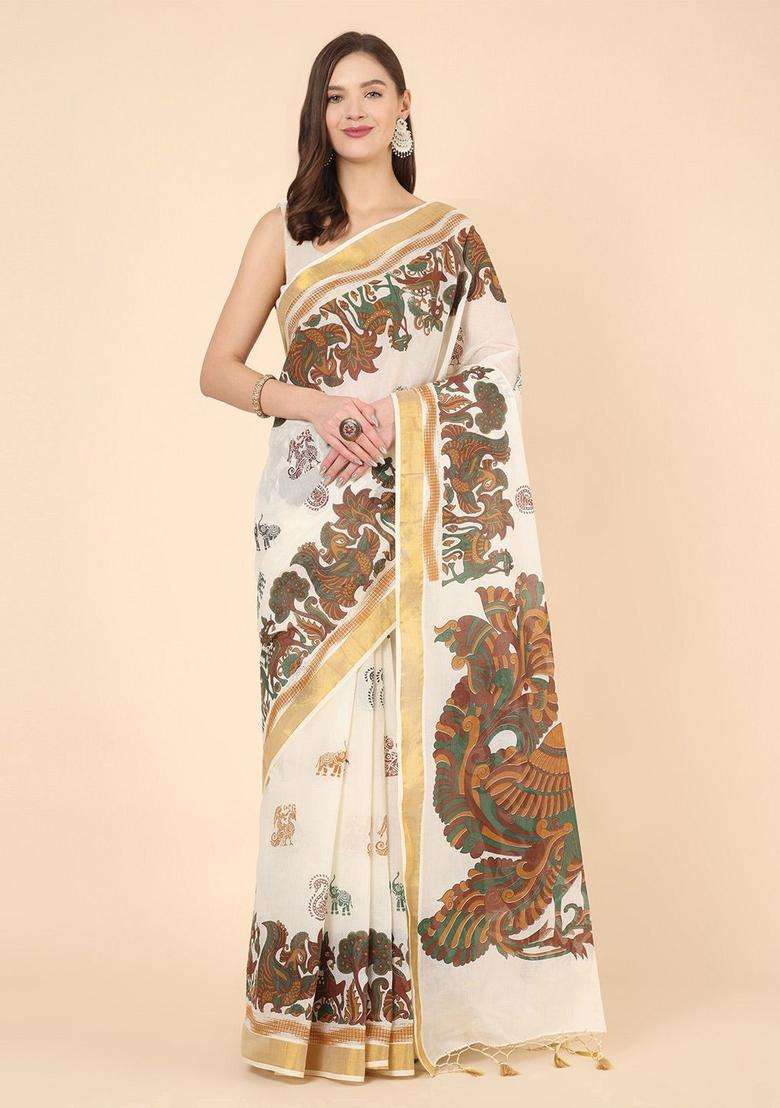 Off White Printed Cotton Saree Set for Diwali and Festive Wear - Indya