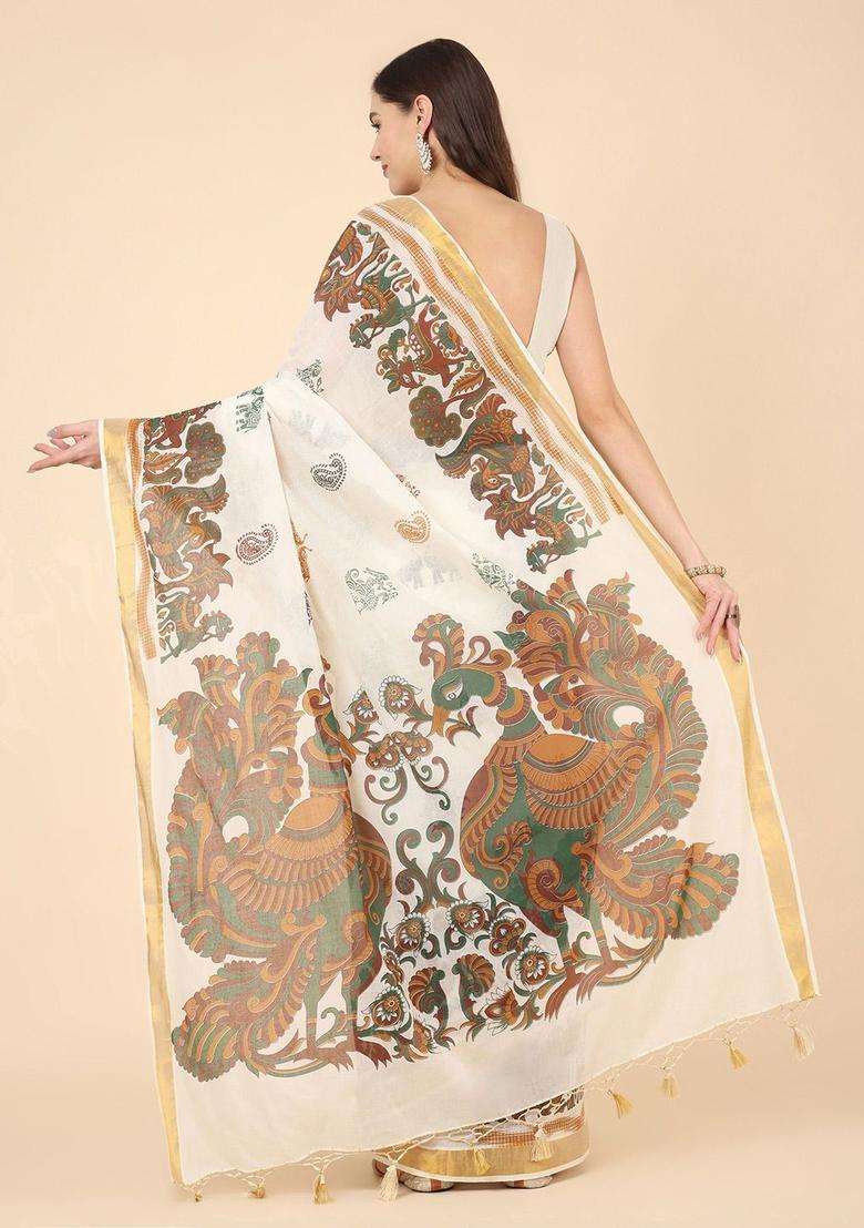 Off White Printed Cotton Saree Set for Diwali and Festive Wear - Indya