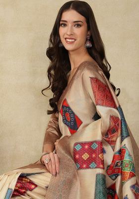 Beige Woven Design Cotton Saree Set