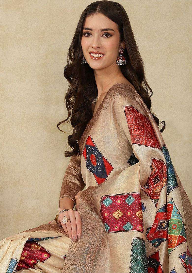 Beige Woven Design Cotton Saree Set for Diwali and Festive Wear - Indya