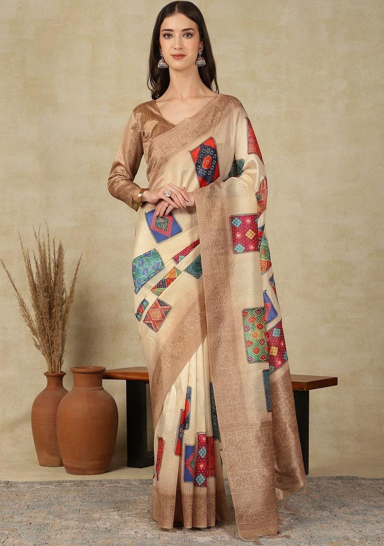 Beige Woven Design Cotton Saree Set - Indya