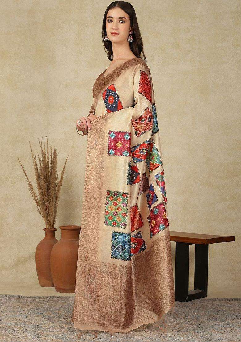 Beige Woven Design Cotton Saree Set for Diwali and Festive Wear - Indya