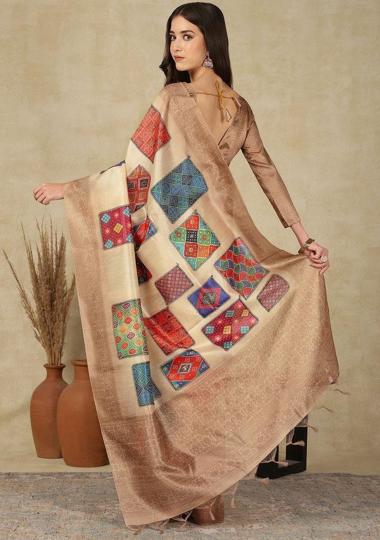 Beige Woven Design Cotton Saree Set - Indya