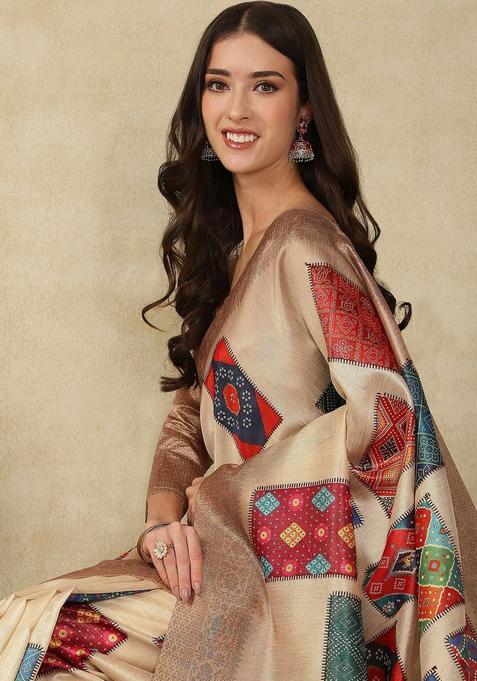 Beige Woven Design Cotton Saree Set