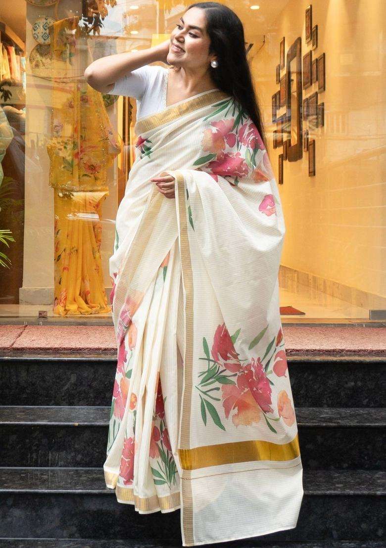 Off White Cotton Saree Set with Printed for Diwali | Wedding & Festive Wear - Indya