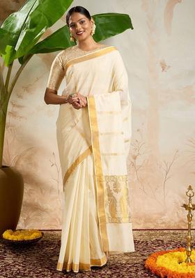 Off White Woven Design Cotton Saree Set