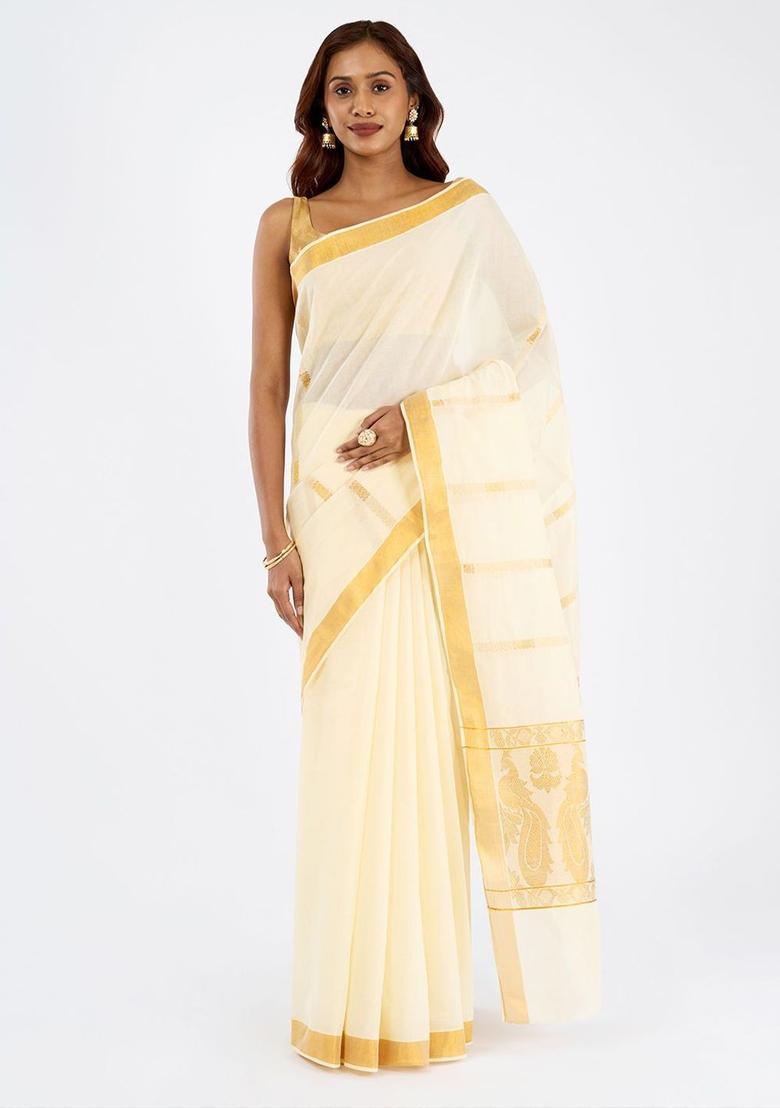 Off White Woven Design Cotton Saree Set - Indya