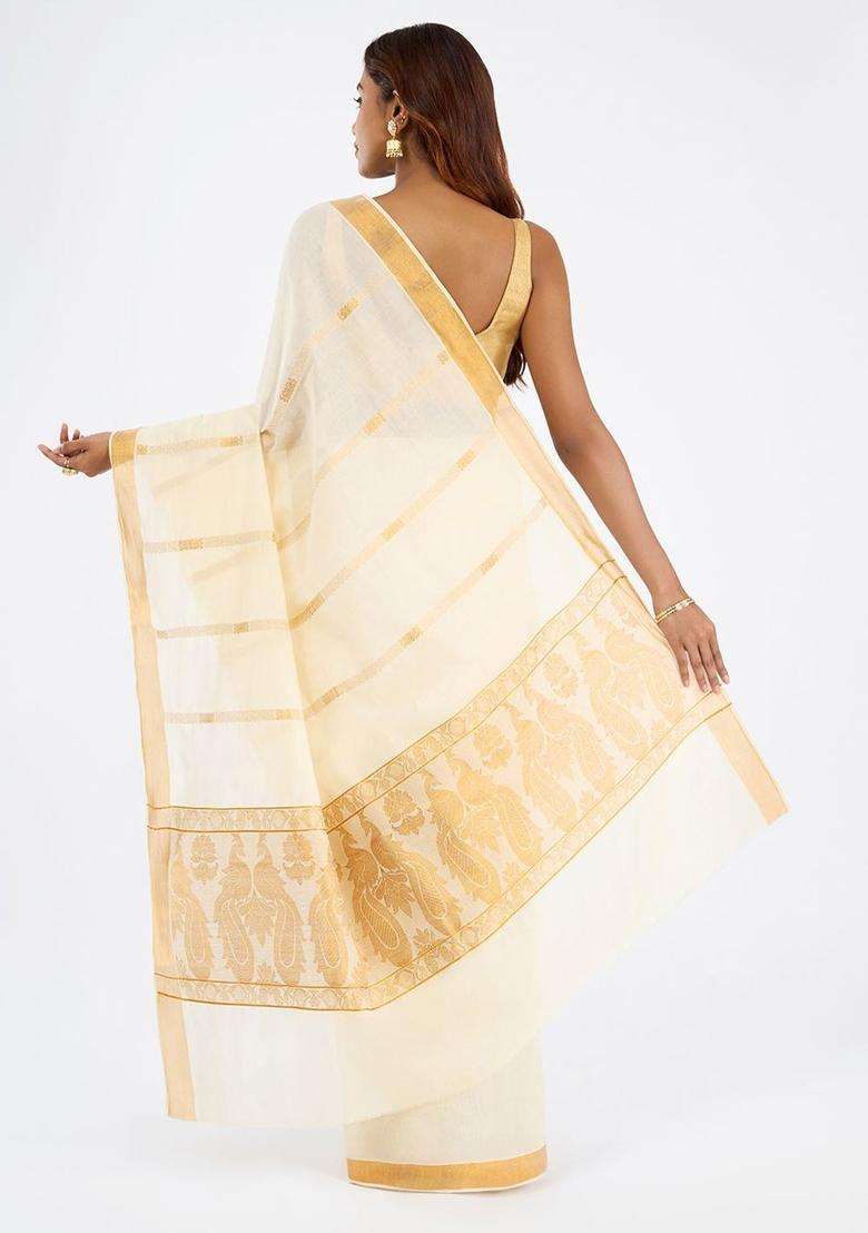 Off White Woven Design Cotton Saree Set for Diwali | Wedding & Festive Wear - Indya
