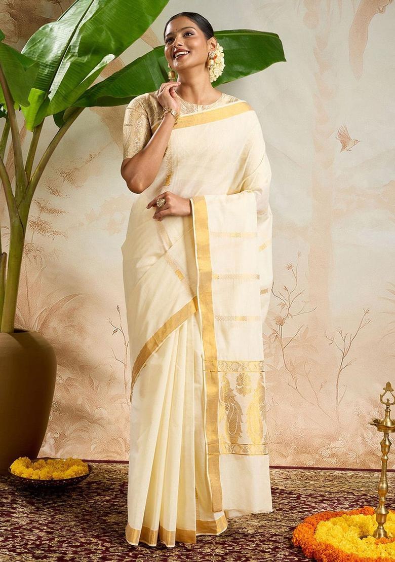 Off White Woven Design Cotton Saree Set - Indya