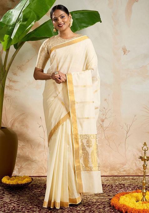 Off White Woven Design Cotton Saree Set