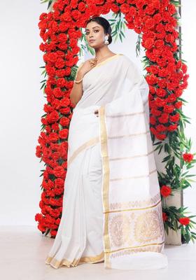 Cream Woven Design Cotton Saree Set