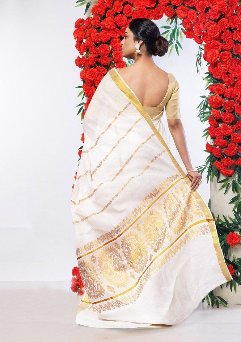 Cream Woven Design Cotton Saree Set - Indya