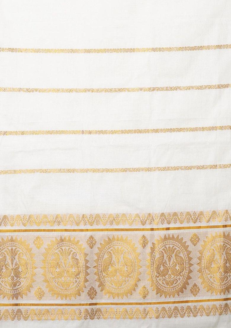 Cream Woven Design Cotton Saree Set - Indya