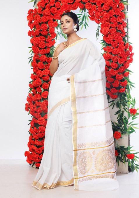 Cream Woven Design Cotton Saree Set