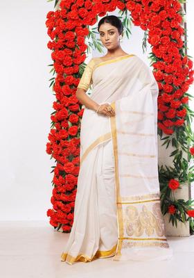 Cream Woven Design Cotton Saree Set
