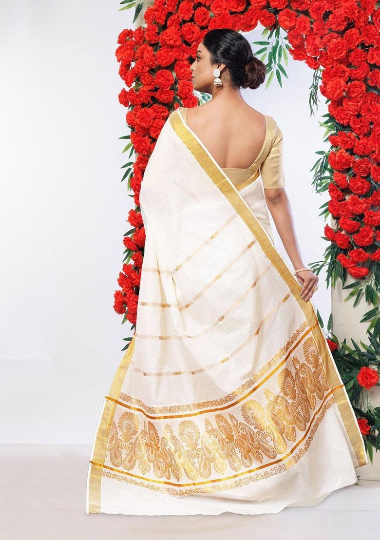 Cream Woven Design Cotton Saree Set - Indya