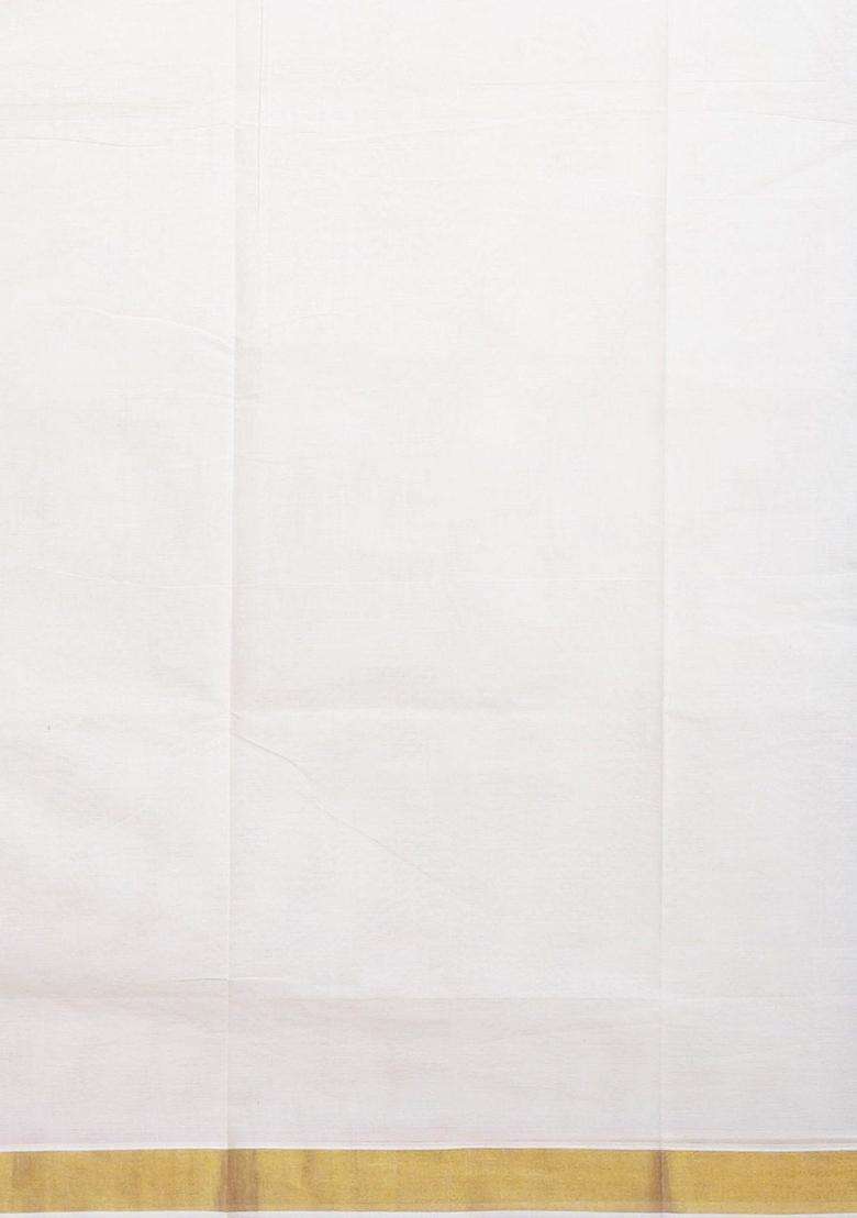 Cream Woven Design Cotton Saree Set for Diwali and Festive Wear - Indya