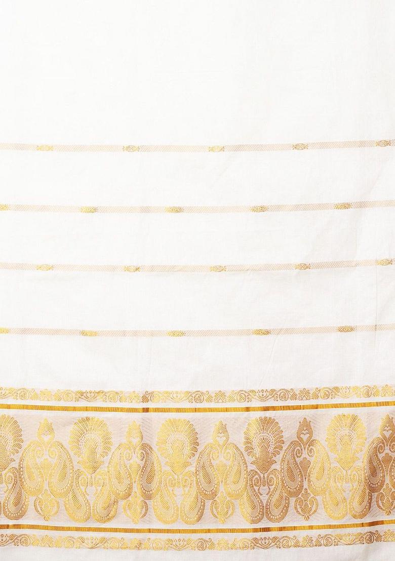 Cream Woven Design Cotton Saree Set - Indya