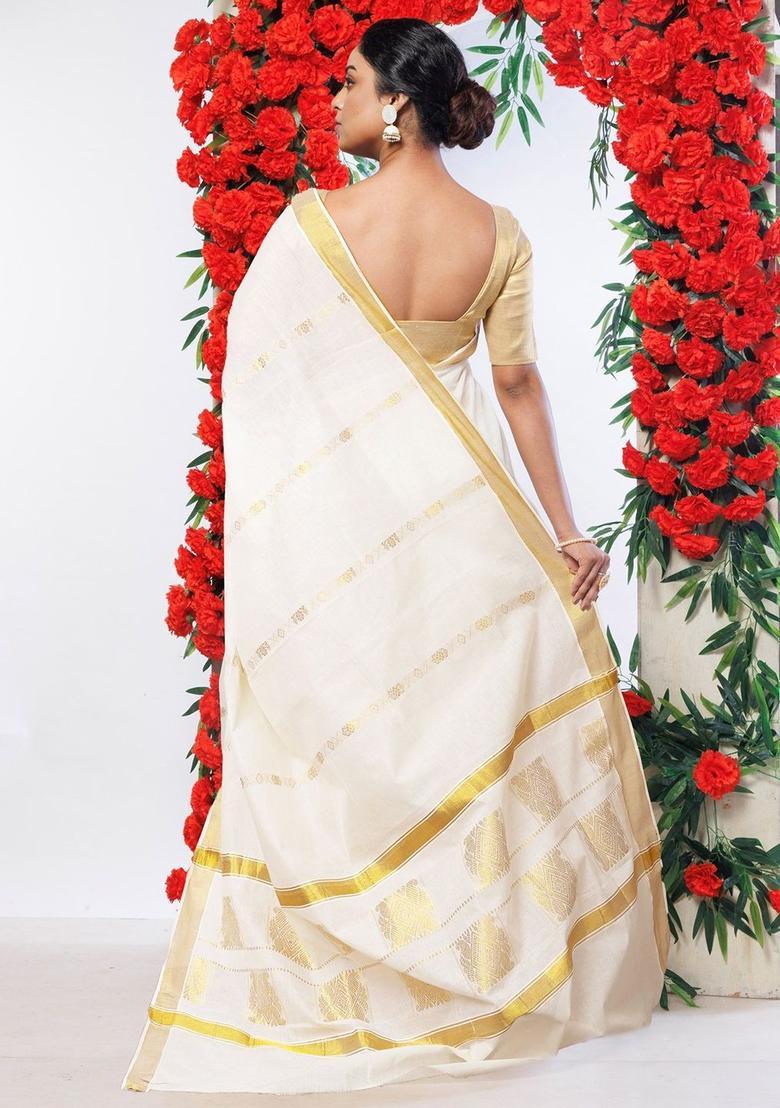 Cream Solid Cotton Saree Set - Indya