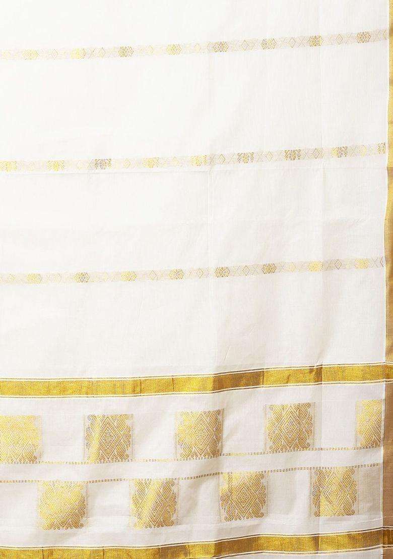 Cream Solid Cotton Saree Set for Diwali and Festive Wear - Indya