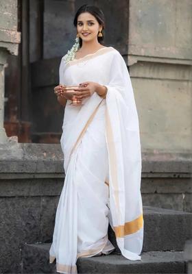 White Solid Cotton Saree Set