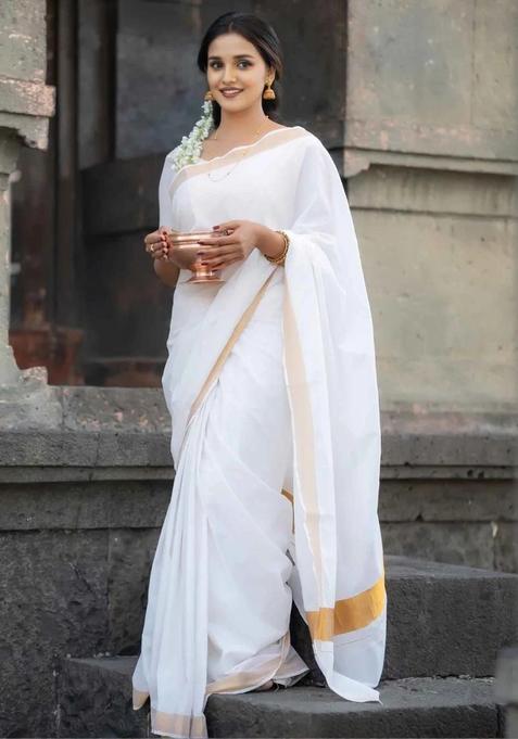 White Solid Cotton Saree Set