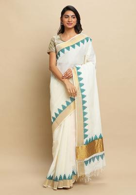 Off White Solid Tissue Saree Set