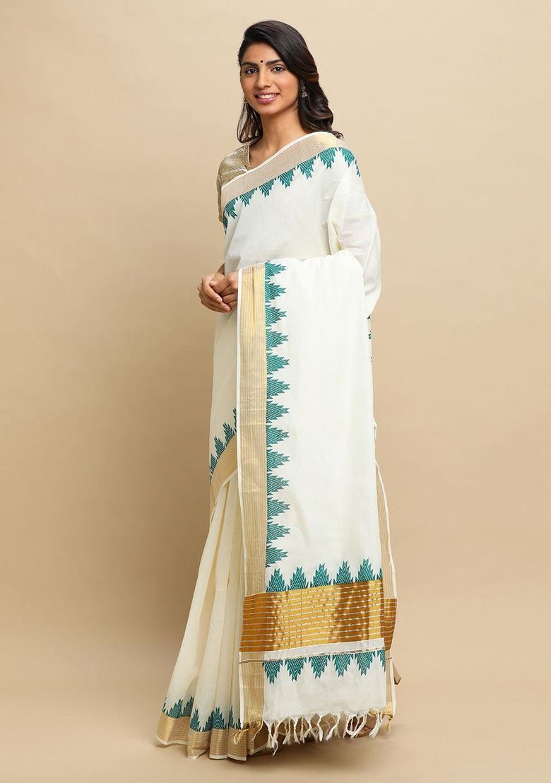 Off White Solid Tissue Saree Set - Indya