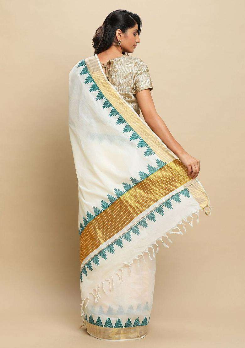 Off White Solid Tissue Saree Set for Diwali and Festive Wear - Indya