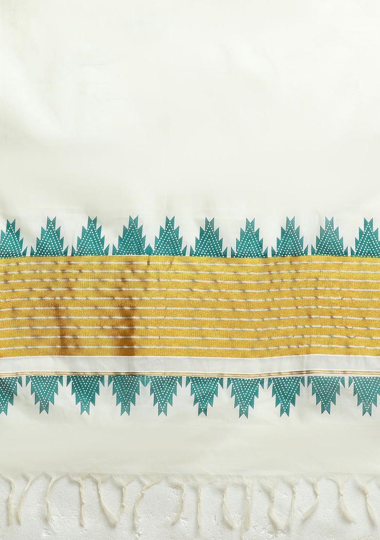 Off White Solid Tissue Saree Set - Indya