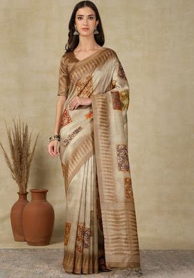 Beige Woven Design Cotton Saree Set
