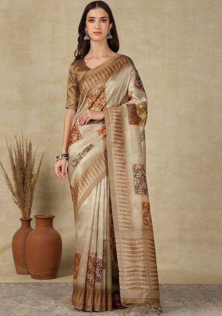 Beige Woven Design Cotton Saree Set for Diwali | Wedding & Festive Wear - Indya