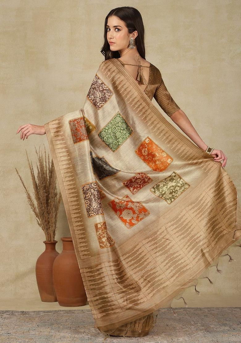 Beige Woven Design Cotton Saree Set - Indya