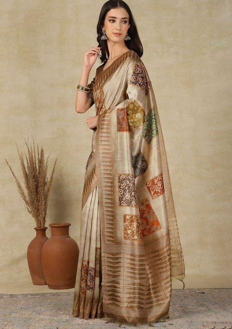 Beige Woven Design Cotton Saree Set for Diwali | Wedding & Festive Wear - Indya