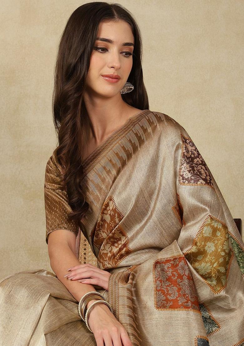 Beige Woven Design Cotton Saree Set - Indya
