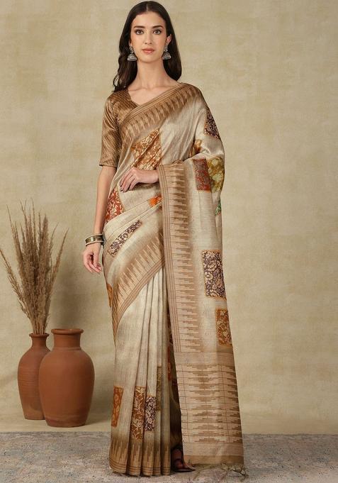 Beige Woven Design Cotton Saree Set