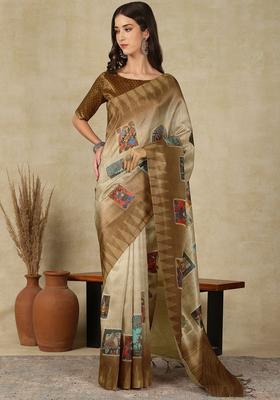 Beige Woven Design Cotton Saree Set