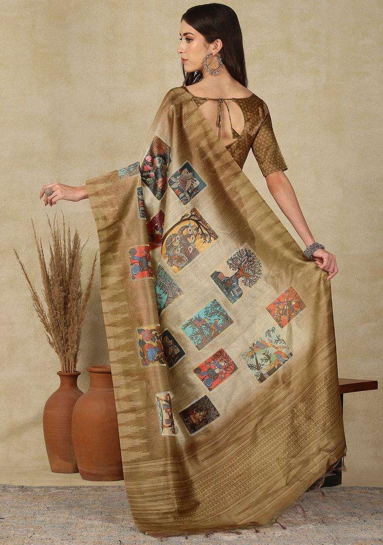 Beige Woven Design Cotton Saree Set for Diwali | Wedding & Festive Wear - Indya