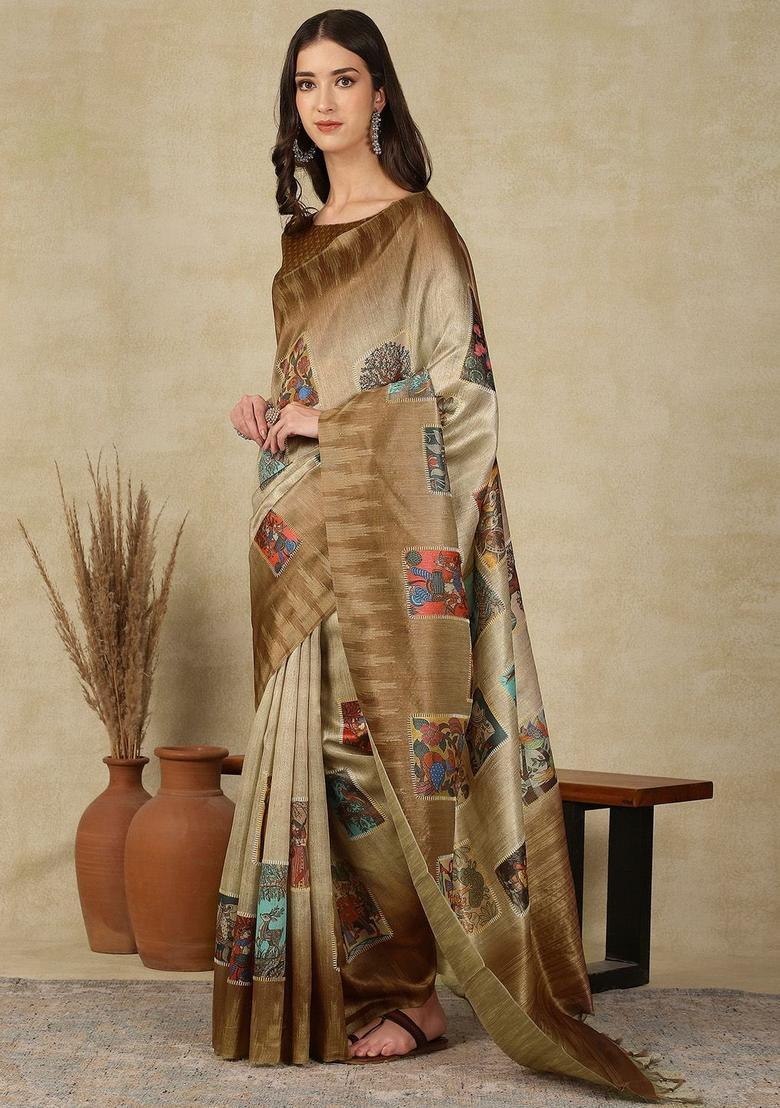 Beige Woven Design Cotton Saree Set - Indya