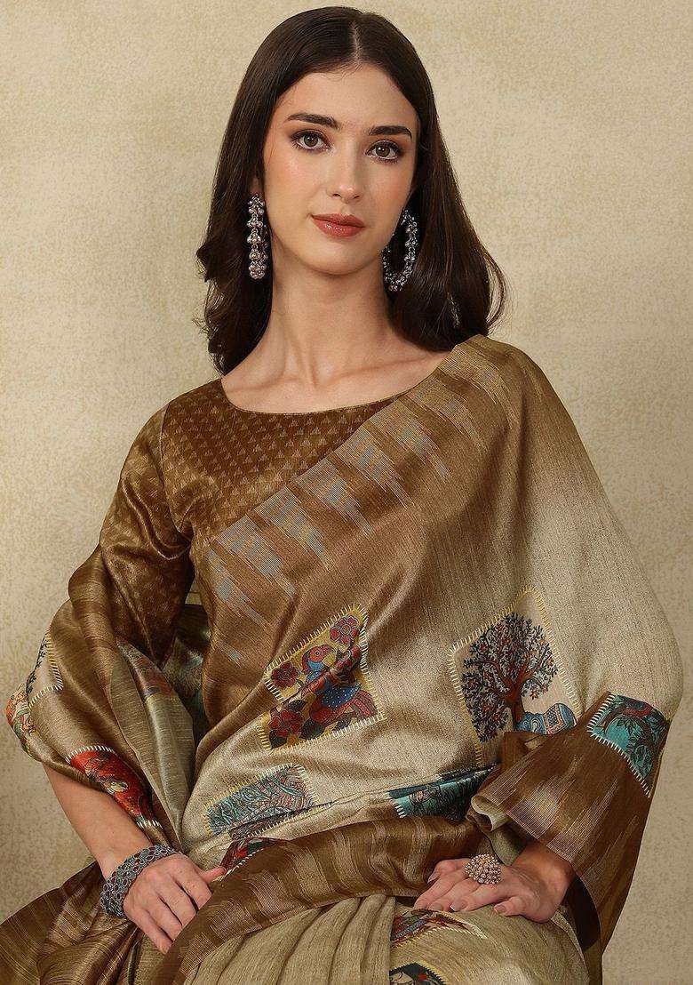 Beige Woven Design Cotton Saree Set for Diwali | Wedding & Festive Wear - Indya