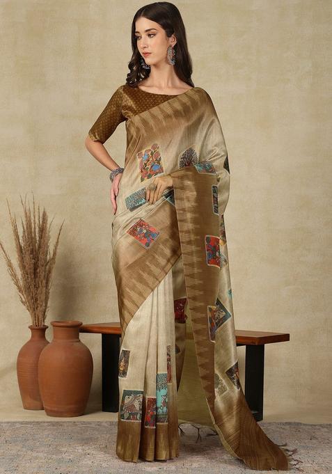 Beige Woven Design Cotton Saree Set