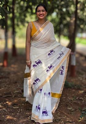 White Printed Cotton Saree Set