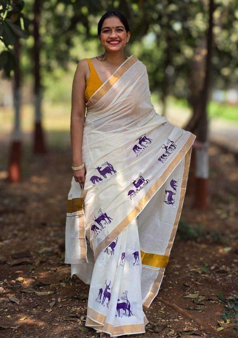 White Cotton Saree Set with Printed for Diwali | Wedding & Festive Wear - Indya