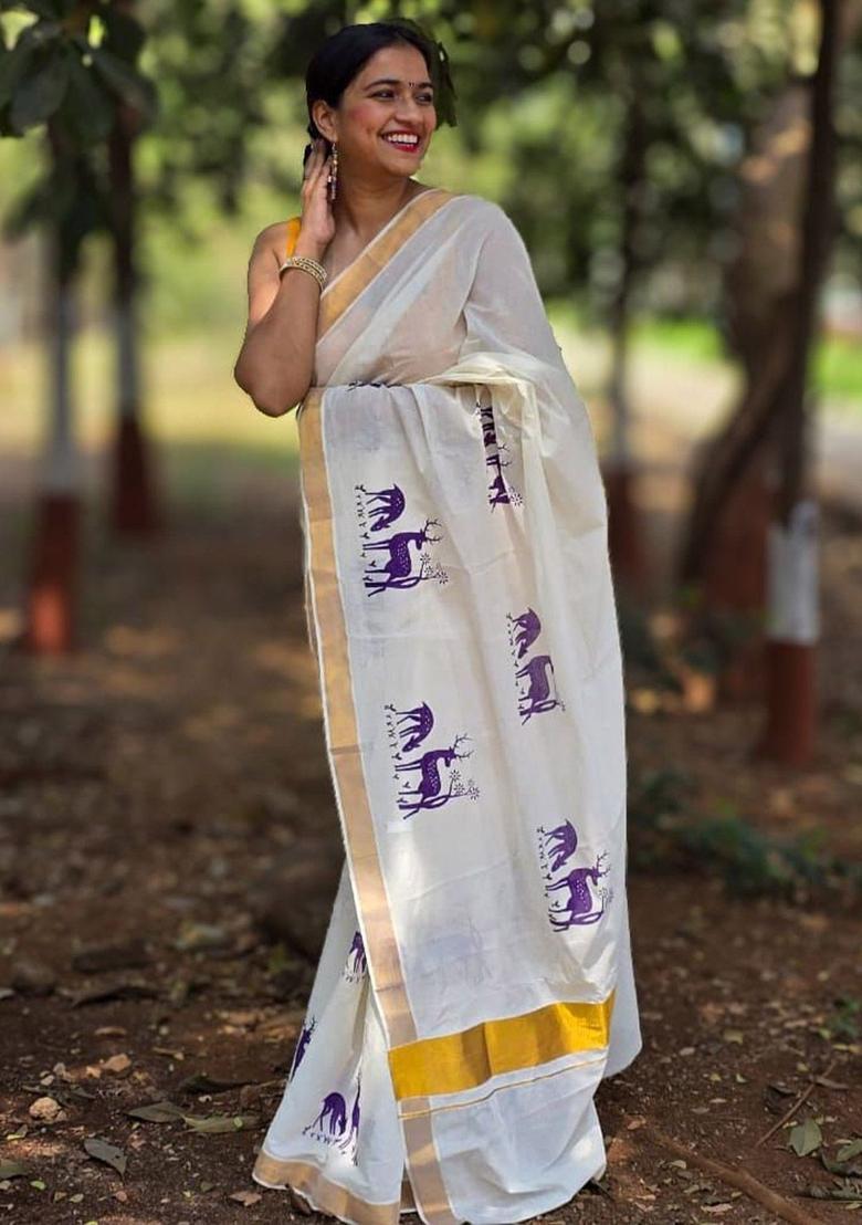 White Printed Cotton Saree Set - Indya