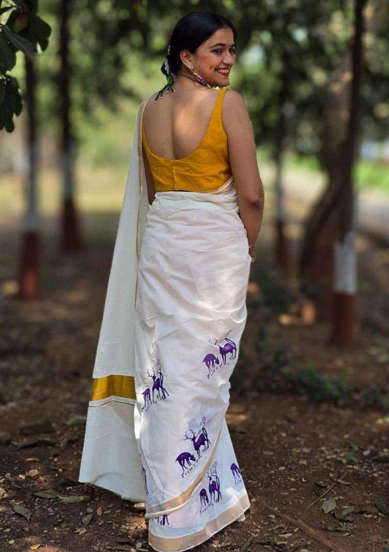 White Cotton Saree Set with Printed for Diwali | Wedding & Festive Wear - Indya