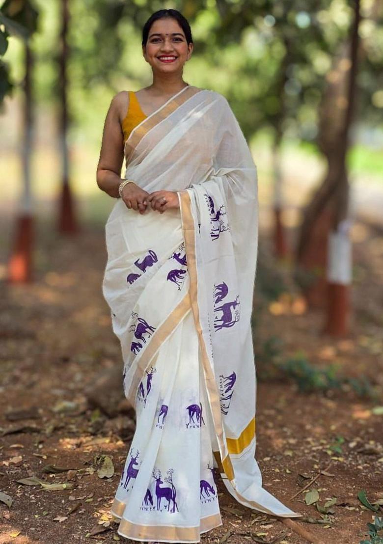 White Printed Cotton Saree Set - Indya